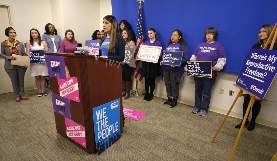 Lorena Paredes, from Falls Church, Va., speaks during a press conference for a meeting, sponsored by the Pro Choice Coalition, inside the Pocahontas Building in Richmond, Va., Wednesday, Jan. 22, 2020. With a newly empowered Democratic majority at the Virginia General Assembly, abortion-rights advocates say the state has a chance to roll back decades of restrictions and become a “safe haven” for women in neighboring conservative states. (Bob Brown/Richmond Times-Dispatch via AP)