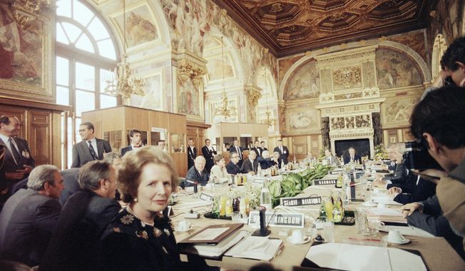 FILE - In this June 25, 1984 file photo, British Prime Minister Margaret Thatcher faces the camera at a summit of European leaders in Fontainebleau, France. At the summit, Thatcher got a financial rebate for Britain. Thatcher&#x27;s 11-year premiership became increasingly dominated by her opposition to what later became known as the European Union. On Jan. 31, 2020, Britain is scheduled to leave the EU after 47 years. (AP Photo/File)