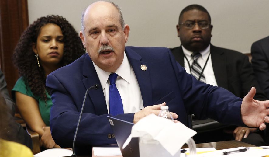 House Appropriations Committee member Richard Bennett, R-Long Beach, speaks to the specifics of providing additional funding for state public school teachers' salaries for fiscal year 2020 in a bill before the committee, Wednesday, Jan. 8, 2020, at the Capitol in Jackson, Miss. (AP Photo/Rogelio V. Solis)