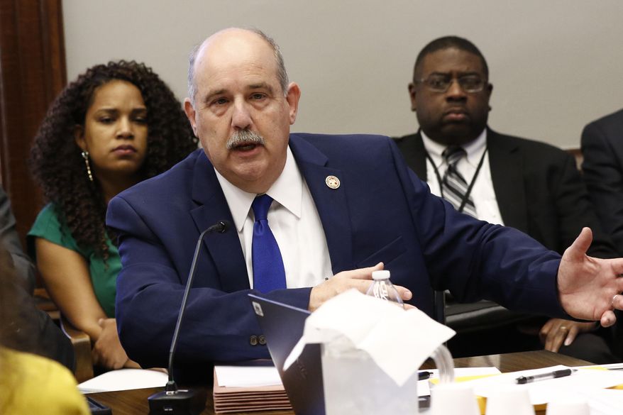 House Appropriations Committee member Richard Bennett, R-Long Beach, speaks to the specifics of providing additional funding for state public school teachers' salaries for fiscal year 2020 in a bill before the committee, Wednesday, Jan. 8, 2020, at the Capitol in Jackson, Miss. (AP Photo/Rogelio V. Solis)