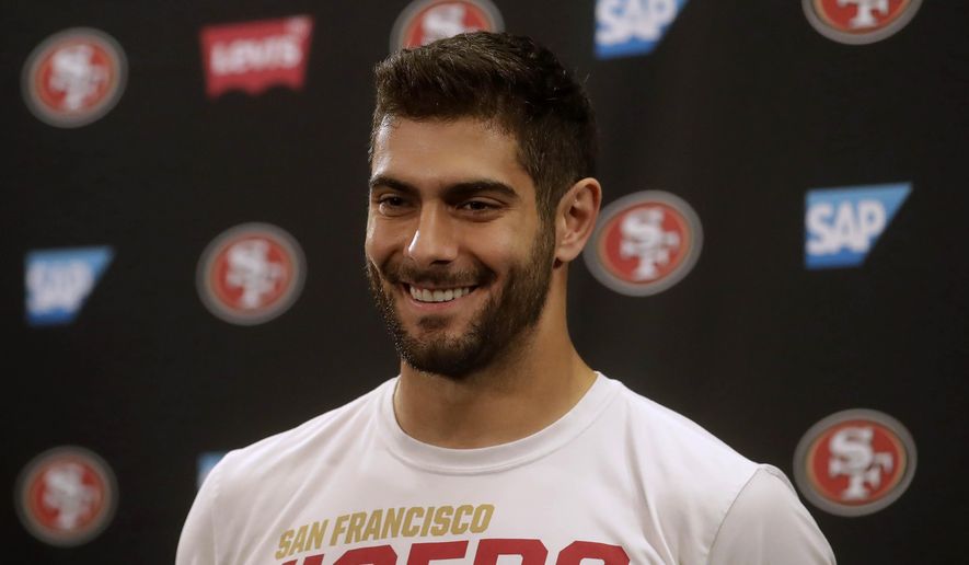 San Francisco 49ers quarterback Jimmy Garoppolo speaks during a news conference at the team&#x27;s NFL football training facility in Santa Clara, Calif., Thursday, Jan. 23, 2020. The 49ers will face the Kansas City Chiefs in Super Bowl 54. (AP Photo/Jeff Chiu)