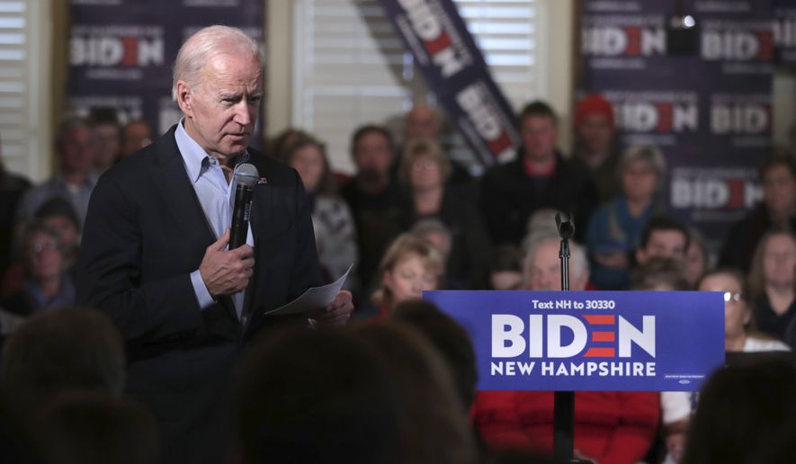 Democratic presidential candidate former Vice President Joe Biden addresses a gathering during a campaign stop in Claremont, N.H., Friday, Jan. 24, 2020. (AP Photo/Charles Krupa)