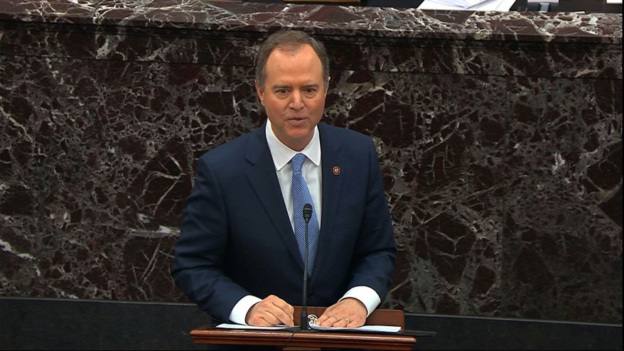 In this image from video, House impeachment manager Rep. Adam Schiff, D-Calif., speaks during the impeachment trial against President Donald Trump in the Senate at the U.S. Capitol in Washington, Friday, Jan. 24, 2020. (Senate Television via AP)