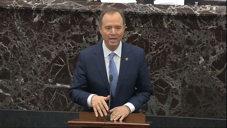 In this image from video, House impeachment manager Rep. Adam Schiff, D-Calif., speaks during the impeachment trial against President Donald Trump in the Senate at the U.S. Capitol in Washington, Friday, Jan. 24, 2020. (Senate Television via AP)