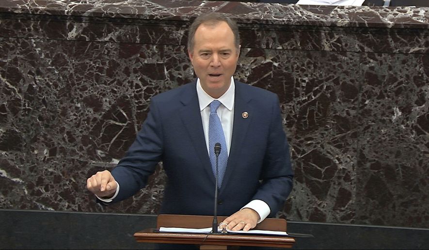 In this image from video, House impeachment manager Rep. Adam Schiff, D-Calif., speaks during the impeachment trial against President Donald Trump in the Senate at the U.S. Capitol in Washington, Friday, Jan. 24, 2020. (Senate Television via AP)