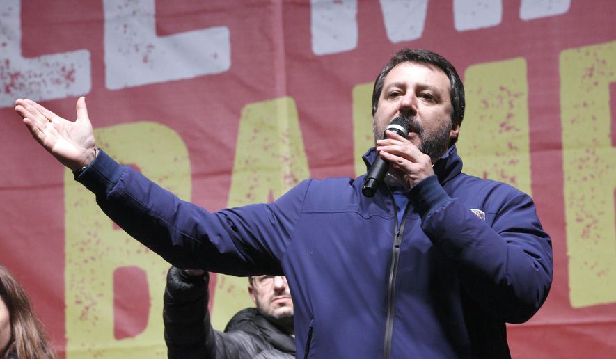 Matteo Salvini of the League speaks to supporters during a campaign event in Bibbiano, Emilia-Romagna, Italy, on Thursday, Jan. 23, 2020. (Stefano Cavicchi/LaPresse via AP)
