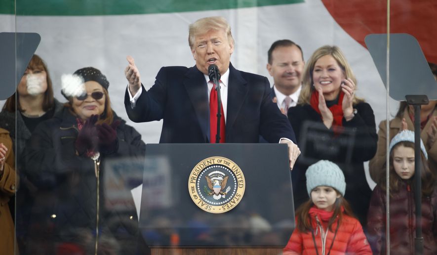 President Donald Trump speaks at a March for Life rally, Friday, Jan. 24, 2020, on the National Mall in Washington. (AP Photo/Patrick Semansky)