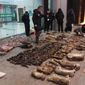 In this Jan. 9, 2020, photo provided by the Anti-Poaching Special Squad, police look at items seized from store suspected of trafficking wildlife in Guangde city in central China&#39;s Anhui Province. The outbreak of a new virus linked to a wildlife market in central China is prompting renewed calls for enforcement of laws against the trade in and consumption of exotic species. (Anti-Poaching Special Squad via AP)