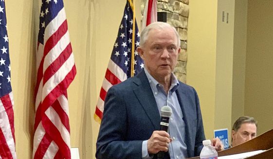 In this Jan. 11, 2020, photo, former U.S. Attorney General Jeff Sessions speaks to the Mid Alabama Republican Club in Vestavia Hills, Alabama. Sessions is stressing his loyalty to President Donald Trump as he seeks to regain the Alabama Senate seat he held for 20 years. (AP Photo/Kim Chandler)