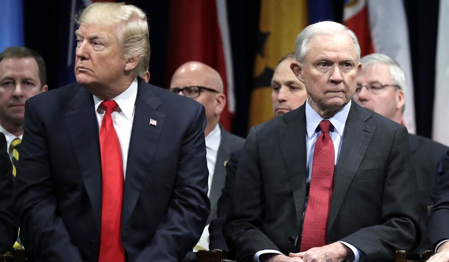 In this Dec. 15, 2017, file photo, President Donald Trump and Attorney General Jeff Sessions attend the FBI National Academy graduation ceremony in Quantico, Va. Sessions is part of a crowded GOP primary field competing to challenge U.S. Sen Doug Jones for the seat Sessions held for 20 years before becoming Trump&#39;s first attorney general. Sessions&#39; recusal from the Russia inquiry prompted blistering public criticism from Trump, who eventually asked him to resign as attorney general. (AP Photo/Evan Vucci, File)