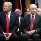 In this Dec. 15, 2017, file photo, President Donald Trump and Attorney General Jeff Sessions attend the FBI National Academy graduation ceremony in Quantico, Va. Sessions is part of a crowded GOP primary field competing to challenge U.S. Sen Doug Jones for the seat Sessions held for 20 years before becoming Trump&#39;s first attorney general. Sessions&#39; recusal from the Russia inquiry prompted blistering public criticism from Trump, who eventually asked him to resign as attorney general. (AP Photo/Evan Vucci, File)