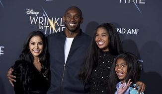 This Feb. 26, 2018 file photo shows Vanessa Bryant, from left, Kobe Bryant, Natalia Bryant and Gianna Maria-Onore Bryant at the world premiere of &amp;quot;A Wrinkle in Time&amp;quot; in Los Angeles. Bryant, a five-time NBA champion and a two-time Olympic gold medalist, died in a helicopter crash in California on Sunday, Jan. 26, 2020. He was 41. (Photo by Jordan Strauss/Invision/AP, File)  **FILE**