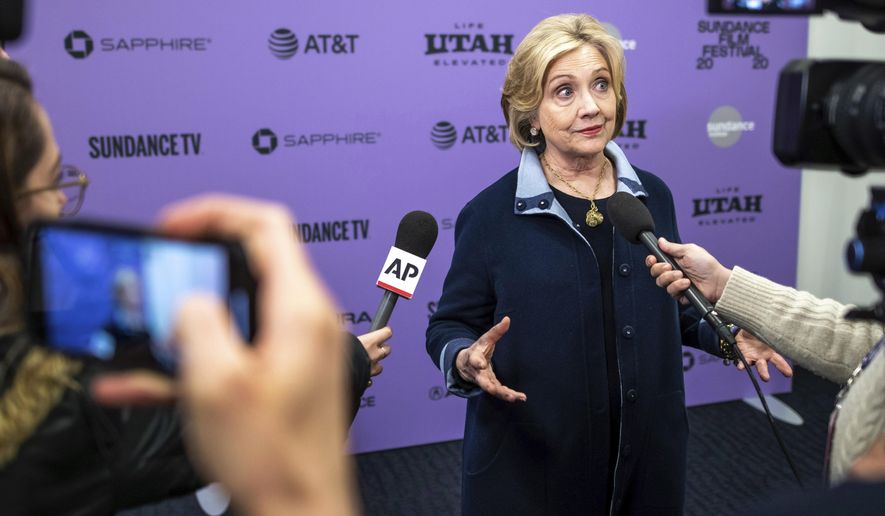 Hillary Clinton attends the premiere of "Hillary" at The Ray Theatre during the 2020 Sundance Film Festival on Saturday, Jan. 25, 2020, in Park City, Utah. (Photo by Charles Sykes/Invision/AP)