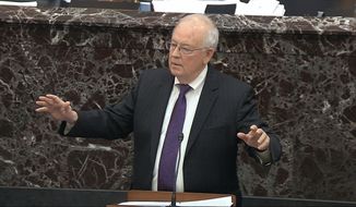 In this image from video, Ken Starr, an attorney for President Donald Trump, speaks during the impeachment trial against Trump in the Senate at the U.S. Capitol in Washington, Monday, Jan. 27, 2020. (Senate Television via AP)