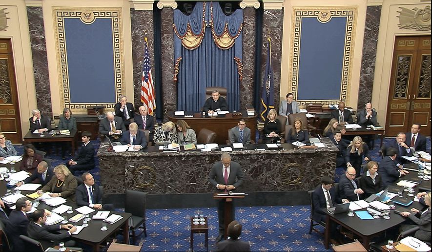 In this image from video, Eric Herschmann, an attorney for President Donald Trump, speaks during the impeachment trial against Trump in the Senate at the U.S. Capitol in Washington, Monday, Jan. 27, 2020. (Senate Television via AP)