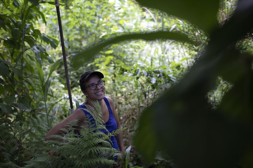 In this Jan. 6, 2020 photo, activist Ale Roque smiles as she sees a tree bearing fruit at her home in Rio's first favela, Morro da Providencia, Rio de Janeiro, Brazil. Roque's project forms part of a recent wave of green projects in Rio, a city known for its jungle, but much of which is actually large expanses of concrete and brick with ever-hotter temperatures during the summer months. (AP Photo/Silvia Izquierdo)