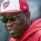 FILE - In this April 18, 2017, file photo, Washington Nationals manager Dusty Baker watches batting practice before the team&#39;s baseball game against the Atlanta Braves in Atlanta.  A person with knowledge of the negotiations said Tuesday, Jan. 28, 2020, that Baker, 70,  is working to finalize an agreement to become manager of the Houston Astros. The person spoke on condition of anonymity because the deal has not yet been completed. (AP Photo/John Amis)