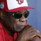FILE - In this March 11, 2017, file photo, Washington Nationals manager Dusty Baker talks to reporters in the dugout before playing New York Mets in a spring training baseball game, in Port St. Lucie, Fla.  A person with knowledge of the negotiations said Tuesday, Jan. 28,2 020, that Baker, 70,  is working to finalize an agreement to become manager of the Houston Astros. The person spoke on condition of anonymity because the deal has not yet been completed. (AP Photo/John Bazemore, File)