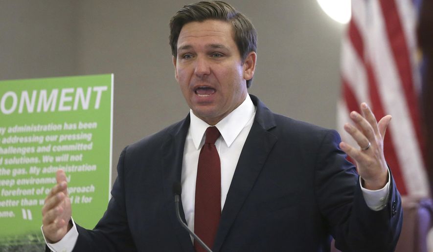 FILE - In this Oct. 29, 2019 file photo, Gov. Ron DeSantis speaks at pre-legislative news conference on in Tallahassee, Fla. The state of Florida is asking a U.S. appellate court in Georgia to set aside an earlier judge's ruling that allowed some impoverished felons to regain access to the ballot box, despite owing fines and other legal debts. The matter that will play out Tuesday, Jan. 28, 2020 before the Atlanta-based 11th Circuit of the U.S. Court of Appeals is far from inconsequential because of the razor-thin margins that sometimes decide election contests in Florida, a perennial battleground state.(AP Photo/Steve Cannon, File)