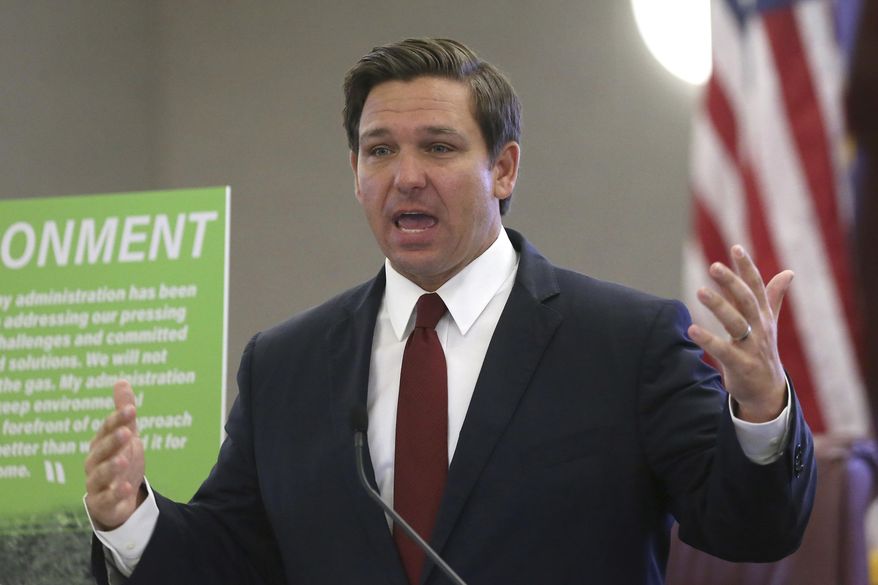 FILE - In this Oct. 29, 2019 file photo, Gov. Ron DeSantis speaks at pre-legislative news conference on in Tallahassee, Fla. The state of Florida is asking a U.S. appellate court in Georgia to set aside an earlier judge's ruling that allowed some impoverished felons to regain access to the ballot box, despite owing fines and other legal debts. The matter that will play out Tuesday, Jan. 28, 2020 before the Atlanta-based 11th Circuit of the U.S. Court of Appeals is far from inconsequential because of the razor-thin margins that sometimes decide election contests in Florida, a perennial battleground state.(AP Photo/Steve Cannon, File)
