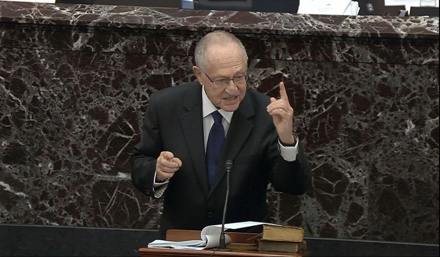 In this image from video, Alan Dershowitz, an attorney for President Donald Trump, speaks during the impeachment trial against Trump in the Senate at the U.S. Capitol in Washington, Monday, Jan. 27, 2020. (Senate Television via AP)