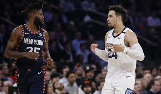 Memphis Grizzlies&#39; Dillon Brooks (24) celebrates after making a 3-point basket as New York Knicks&#39; Reggie Bullock (25) watches during the first half of an NBA basketball game Wednesday, Jan. 29, 2020, in New York. (AP Photo/Frank Franklin II)