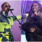 This combination photo shows H.E.R. performing at the 2019 Essence Festival in New Orleans on July 6, 2019, left, and Missy Elliott performing at the 2019 Essence Festival on July 5, 2019. The pair will appear in a new Pepsi commercial that will debut for the Super Bowl. (Photo by Amy Harris/Invision/AP)