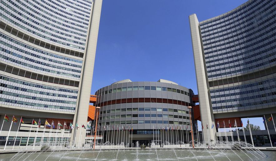 In this June 18, 2014, file photo flags fly outside the United Nations building in Vienna, Austria. An internal confidential document from the United Nations, leaked to The New Humanitarian and seen by The Associated Press, says that dozens of servers were “compromised” at offices in Geneva and Vienna. (AP Photo/Ronald Zak, File)  **FILE**