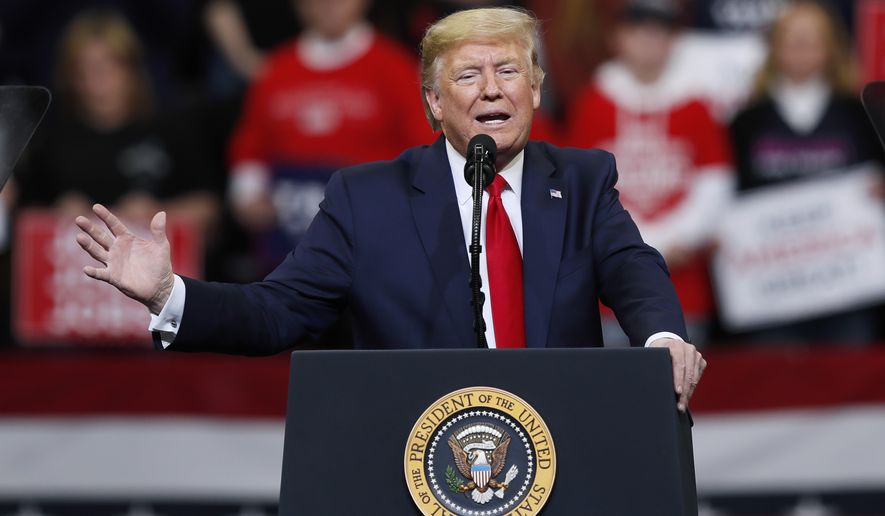 President Donald Trump speaks during a campaign rally at Drake University, Thursday, Jan. 30, 2020, in Des Moines, Iowa. (AP Photo/Charlie Neibergall)