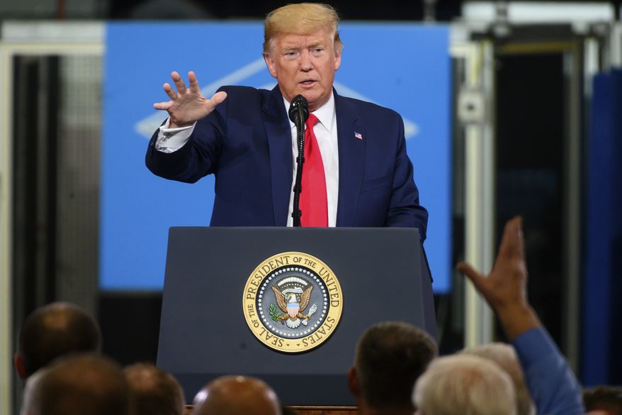 President Donald Trump visits Dana Incorporated, 28201 Van Dyke Ave. in Warren, Mich on Thursday, Jan. 30, 2020. Trump visited with workers at the plant to celebrate Wednesday's signing of the United States-Mexico-Canada Agreement. (Jacob Hamilton/Ann Arbor News via AP)