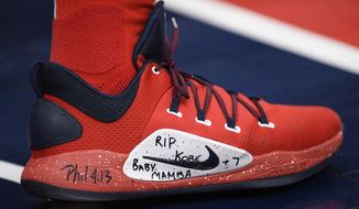 Washington Wizards guard Bradley Beal&#39;s shoes pay tribute to the late Kobe Bryant as he warms up before an NBA basketball game against the Charlotte Hornets, Thursday, Jan. 30, 2020, in Washington. (AP Photo/Nick Wass)