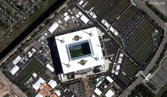 This satellite image taken Jan. 26, 2020, and provided by Maxar Technologies shows Hard Rock Stadium in Miami Gardens, Fla. The San Francisco 49ers are scheduled to face the Kansas City Chiefs in the NFL Super Bowl 54 football game on Sunday at the stadium. (Satellite image &amp;#169;2020 Maxar Technologies via AP)