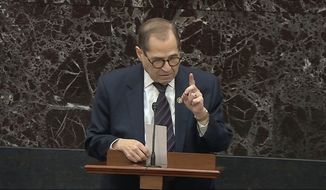 In this image from video, House impeachment manager Rep. Jerrold Nadler, D-N.Y., answers a question during the impeachment trial against President Donald Trump in the Senate at the U.S. Capitol in Washington, Thursday, Jan. 30 2020. (Senate Television via AP)