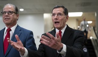 Sen. Mike Braun, R-Ind., left, and Sen. John Barrasso, R-Wyo., chairman of the Republican Conference, respond to reporters at a stakeout in the basement of the Capitol during the impeachment trial of President Donald Trump on charges of abuse of power and obstruction of Congress in Washington, Thursday, Jan. 30, 2020. (AP Photo/J. Scott Applewhite)