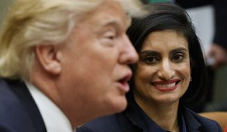 In this March 22, 2017 file photo, Administrator of the Centers for Medicare and Medicaid Services Seema Verma listen at right as President Donald Trump speaks during a meeting in the Roosevelt Room of the White House in Washington. The Trump administration has a Medicaid deal for states: more control over health care spending on certain low-income residents if they agree to a limit on how much the feds kick in.  It&#39;s unclear how many states would be interested in such a trade-off under a complex Medicaid block grant proposal unveiled Thursday by Seema Verma, head of the Centers for Medicare and Medicaid Services.  (AP Photo/Evan Vucci, File) **FILE**
