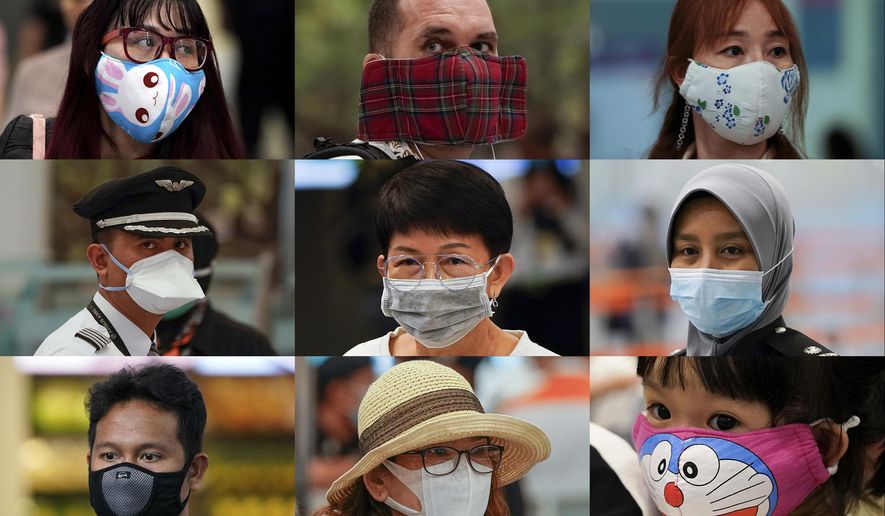 In this Wednesday, Jan. 29, 2020, combination of photos, people wear various masks as they wait at immigration counter at Kuala Lumpur Low Cost Terminal in Sepang, Malaysia. Face masks are in short supply in parts of the world as people try to stop the spread of a new virus from China. Health officials recommend strap-on medical masks for people being evaluated for the new virus, their household members and caregivers. (AP Photo/Vincent Thian)