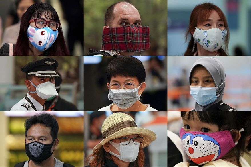 In this Wednesday, Jan. 29, 2020, combination of photos, people wear various masks as they wait at immigration counter at Kuala Lumpur Low Cost Terminal in Sepang, Malaysia. Face masks are in short supply in parts of the world as people try to stop the spread of a new virus from China. Health officials recommend strap-on medical masks for people being evaluated for the new virus, their household members and caregivers. (AP Photo/Vincent Thian)