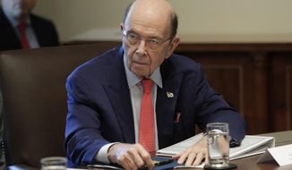 FILE - In this Oct. 21, 2019, file photo, Commerce Secretary Wilbur Ross listening to President Donald Trump speak during a Cabinet meeting in the Cabinet Room of the White House in Washington. Ross suggested Thursday, Jan. 30, 2020, that a viral outbreak in China could offer an upside to the U.S. economy by encouraging manufacturers to move back to America. (AP Photo/Pablo Martinez Monsivais, File)
