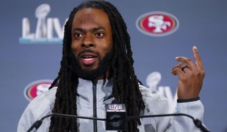 San Francisco 49ers cornerback Richard Sherman speaks during a media availability, Wednesday, Jan. 29, 2020, in Miami, for the NFL Super Bowl 54 football game against the Kansas City Chiefs. (AP Photo/Wilfredo Lee)