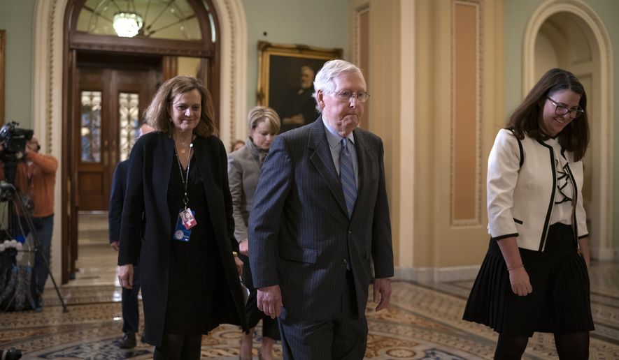 Senate Majority Leader Mitch McConnell, R-Ky., leaves the chamber during the impeachment trial of President Donald Trump on charges of abuse of power and obstruction of Congress, at the Capitol in Washington, Friday, Jan. 31, 2020. (AP Photo/J. Scott Applewhite)