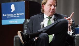 Former White House Counsel Donald F. McGahn talks with Jan Crawford, Chief Legal Correspondent with CBS News during a session at the Federalist Society Sixth Annual Florida Chapters Conference held at Disney&#39;s Yacht and Beach Club Resorts in Lake Buena Vista, Fla. on Friday, January 31, 2020. Former White House counsel Don McGahn says President Donald Trump thinks differently than any client he has ever had. McGahn spoke Friday at a conference of conservative lawyers, saying Trump often contradicts common wisdom and then sees his way work out in the end. (Octavio Jones/Tampa Bay Times via AP)