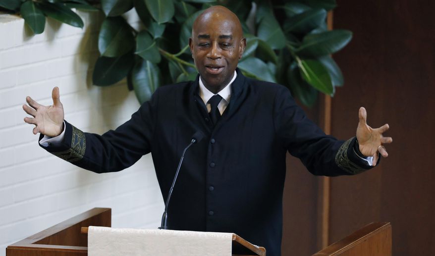 In this Tuesday, June 4, 2019, file photo, Barry Black, a retired rear admiral and chaplain of the U.S. Senate, delivers the homily during the funeral services of the late Republican Sen. Thad Cochran, at Northminster Baptist Church in Jackson, Miss. Black regularly opens the chamber’s proceedings with prayer. (AP Photo/Rogelio V. Solis, File)