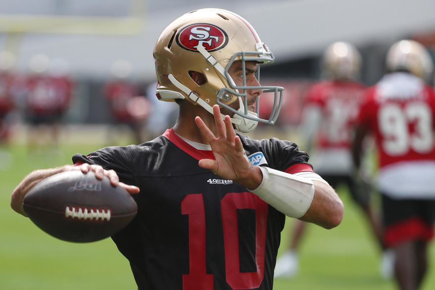 San Francisco 49ers quarterback Jimmy Garoppolo throws during practice for the NFL Super Bowl 54 football game, Friday, Jan. 31, 2020, in Coral Gables, Fla. (AP Photo/Wilfredo Lee)