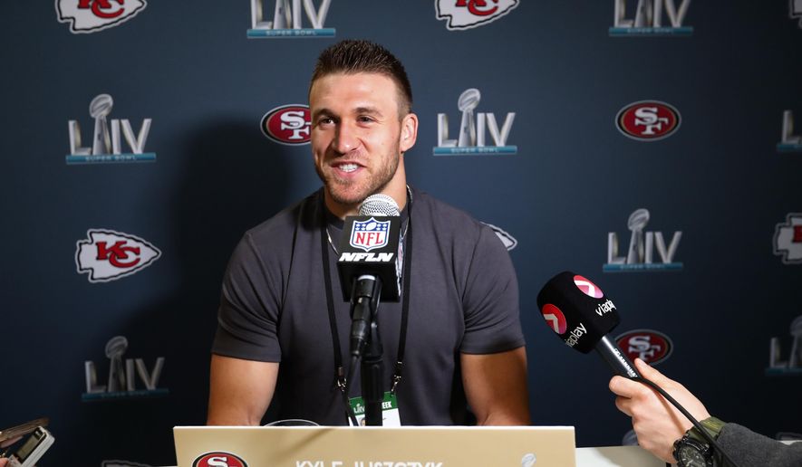 San Francisco 49ers fullback Kyle Juszczyk smiles as he speaks during a media availability for the NFL Super Bowl 54 football game, on Tuesday, Jan. 28, 2020, in Miami. (AP Photo/Wilfredo Lee)