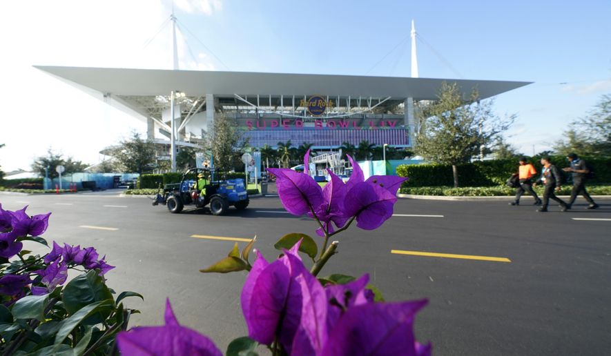 Hard Rock Stadium is shown Thursday, Jan. 30, 2020, in Miami Gardens, Fla., in preparation for the NFL Super Bowl 54 football game. (AP Photo/David J. Phillip)