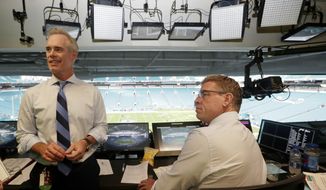 FILE - In this Aug. 23, 2019, file photo, Fox Sports play-by-play announcer Joe Buck, left, and analyst Troy Aikman, right, work in the broadcast booth before a preseason NFL football game between the Miami Dolphins and Jacksonville Jaguars in Miami Gardens, Fla. Chris Myers and Erin Andrews will be doing a little bit of everything on the sidelines for Fox&#x27;s broadcast of Super Bowl 54. Not only will they be filing reports, but will be the eyes and ears for the production truck as well as Joe Buck and Troy Aikman in the booth. (AP Photo/Lynne Sladky, File)