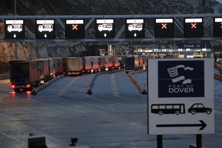 Lorries wait to board ferries on the morning after Brexit took place at the Port of Dover in Dover, England, Saturday, Feb. 1, 2020. If you thought the drawn-out battle over the U.K.&#39;s departure from the European Union was painful, wait until you see what comes next. While Britain formally left the EU at 11 p.m. local time Friday, the hard work of building a new economic relationship between the bloc and its ex-member has just begun. (AP Photo/Matt Dunham)