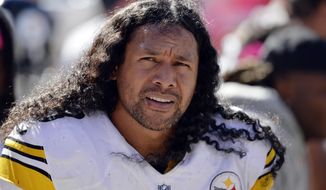 FILE - In this Oct. 12, 2014, file photo, Pittsburgh Steelers strong safety Troy Polamalu watches from the bench in the second quarter of an NFL football game against the Cleveland Brownsin Cleveland. First-time eligibles Reggie Wayne and Polamalu are among 15 finalists for the Pro Football Hall of Fame&#x27;s modern-day 2020 class. (AP Photo/David Richard, File)