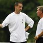 FILE - In this  Aug. 16, 2010, file photo, Washington Redskins head coach Mike Shanahan, right, talks with his son offensive coordinator Kyle Shanahan during NFL football training camp at Redskins Park in Ashburn, Va. (AP Photo/Alex Brandon, File)