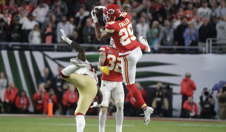 Kansas City Chiefs&#39; Kendall Fuller (29) intercepts the ball against the San Francisco 49ers during the second half of the NFL Super Bowl 54 football game Sunday, Feb. 2, 2020, in Miami Gardens, Fla. The Kansas City Chiefs won 31-20. (AP Photo/Wilfredo Lee) **FILE**